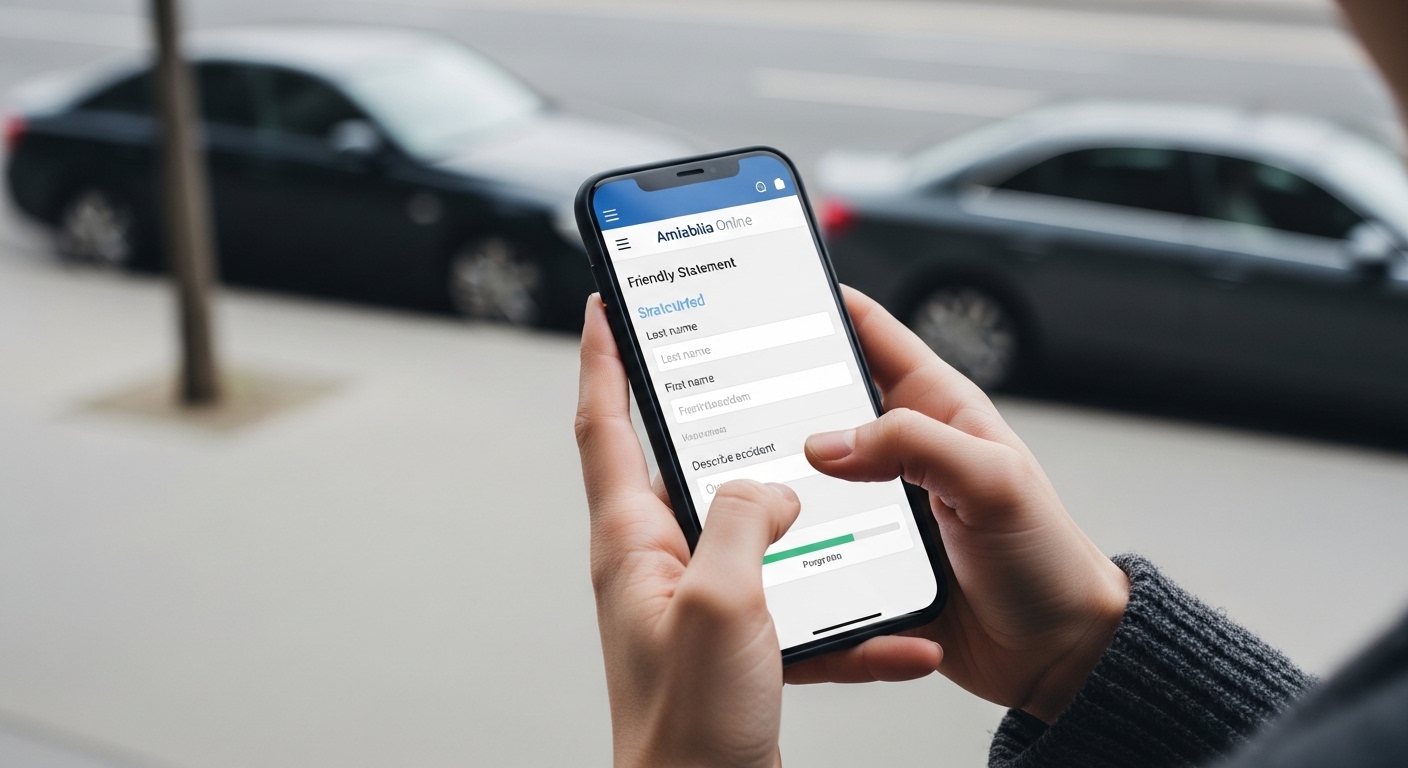 Mâini care completează formularul de constatare amiabilă pe un smartphone, cu mașini în fundal la locul accidentului